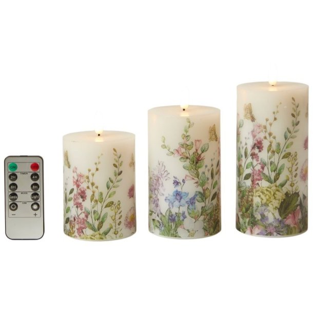 LED Bloklys - Flora - 3 stk - 10/12,5/15 cm