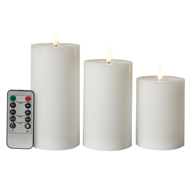 LED bloklys - 3D flamme - 3 stk. 7,5x10+12,5+15 cm - Fjernbetjening