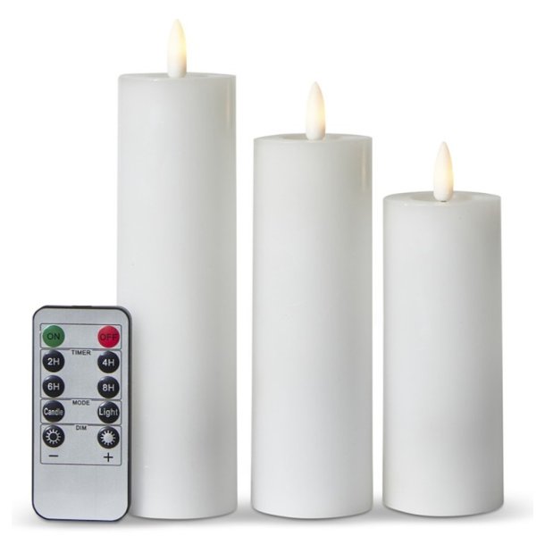 Bloklys 3D Flamme - 3 stk. - : 5 cm - 10+12,5+15 cm - Fjernbetjening