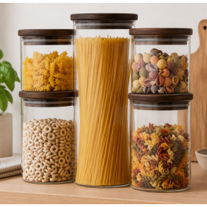 Opbevaringsglas med Akaciel�g - 5 stk. - 2 stk. 0,8 l - 2 stk. 1,2 l - 1 stk. 2 l