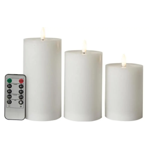 Bloklysst m/3D Flamme - Hvid - 3 stk. - : 10 cm - 10/12,5/15 cm