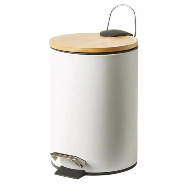 Pedalspand med Bambusl�g - 38 x 25 cm - St�l - Hvid
